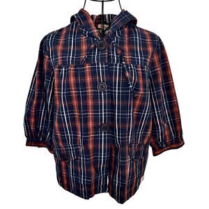 Vintage Y2K ROXY Plaid 3/4 Sleeve Hooded Jacket Blouse Retro Boxy21 Indie Cotton